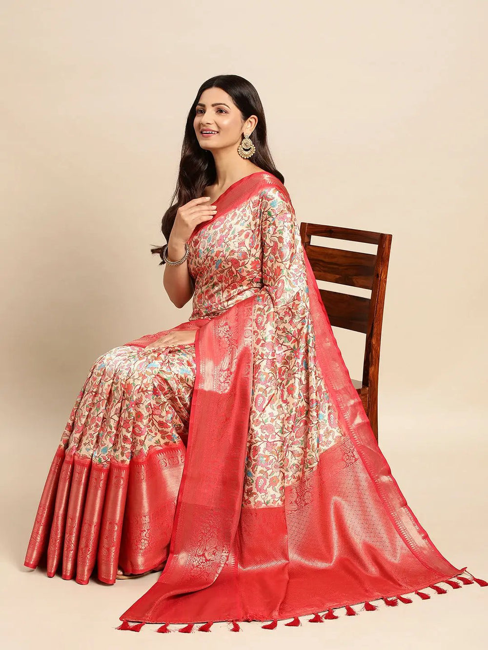Red Soft Silk Saree with All Over Multi Color Floral Weaving & Rich Zari Border