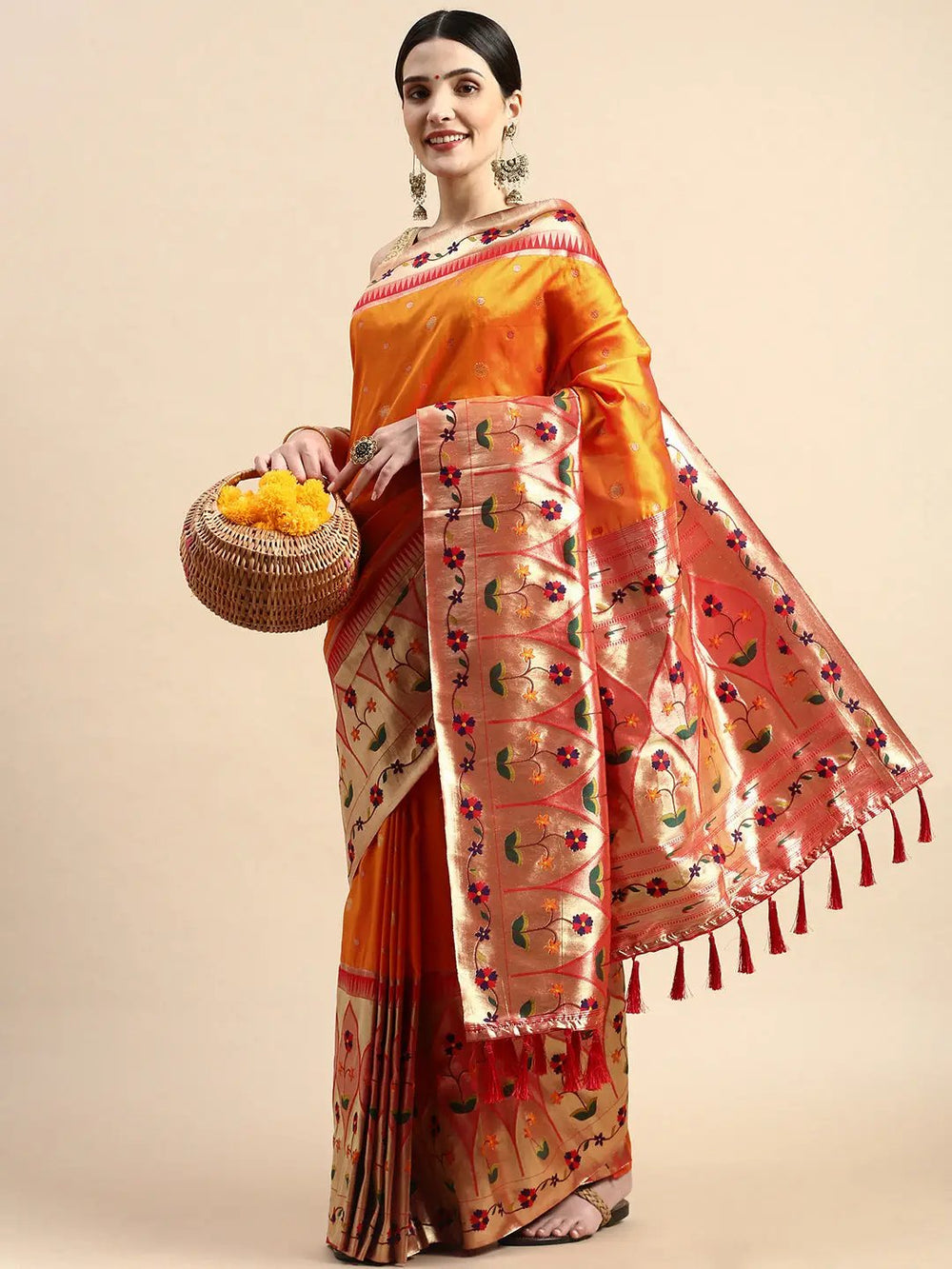 Orange Banarasi Silk Saree with Multicolor Floral Zari Weaving & Rich Pallu
