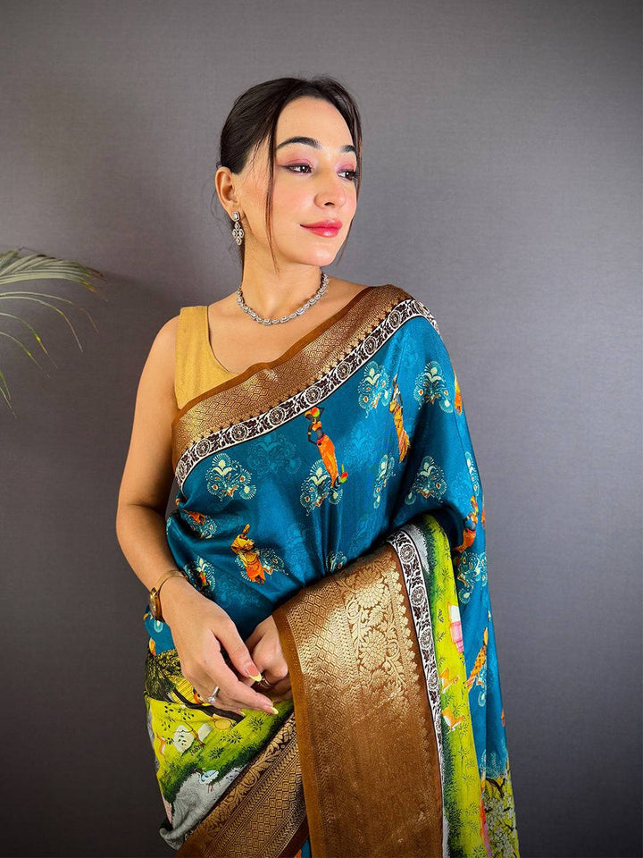 Teal & Mustard Mythological Printed Silk Saree with Rich Brown Zari Pallu