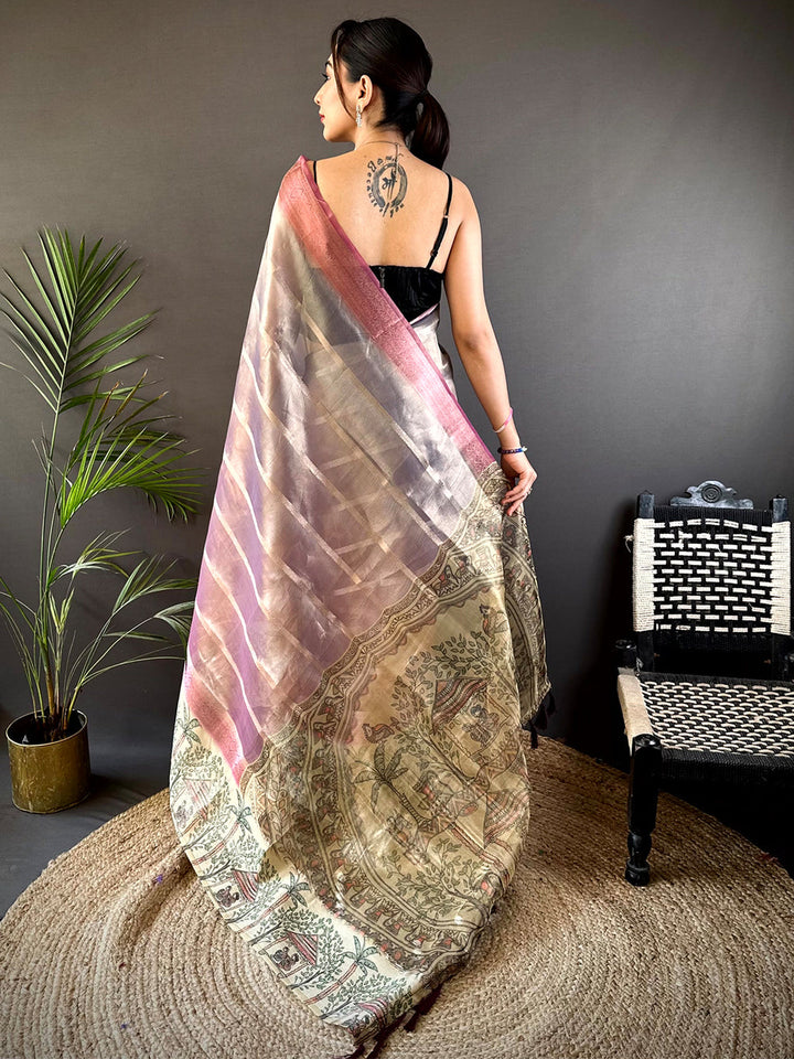 Grey & Pink Linen Silk Saree with Ethnic Temple Print Pallu & Tassels
