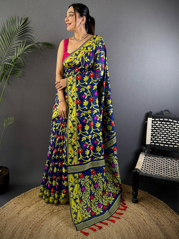 Navy Blue Soft Silk Saree with Multicolor Floral Print & Yellow Zari Border