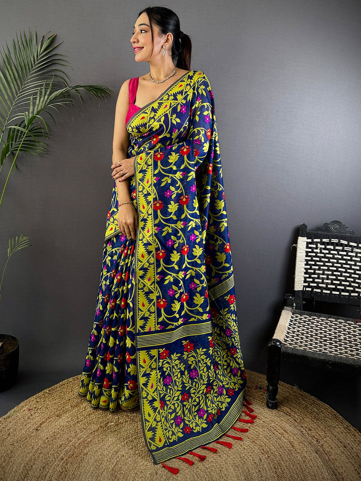 Navy Blue Soft Silk Saree with Multicolor Floral Print & Yellow Zari Border