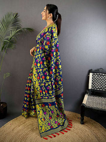 Navy Blue Soft Silk Saree with Multicolor Floral Print & Yellow Zari Border