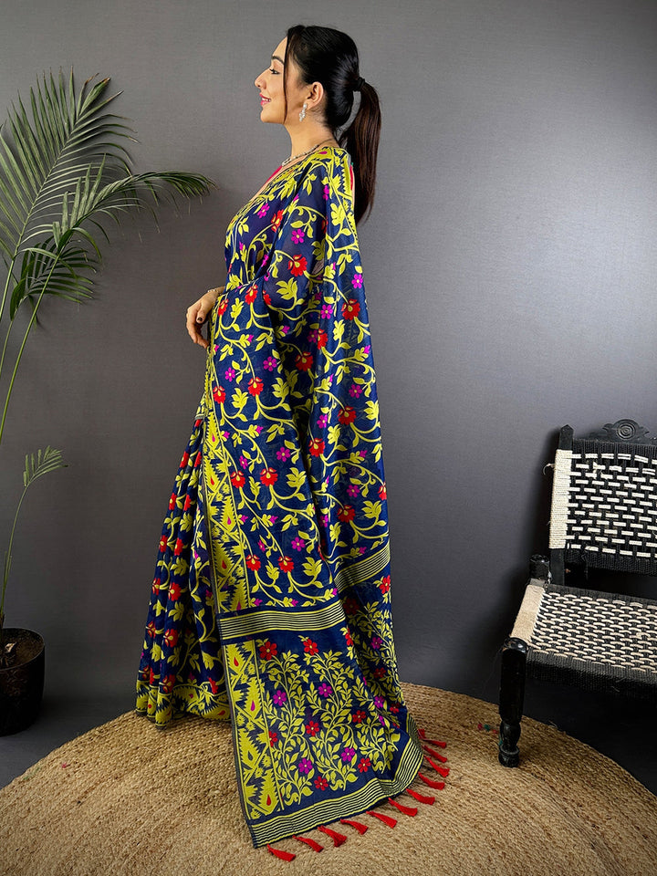 Navy Blue Soft Silk Saree with Multicolor Floral Print & Yellow Zari Border