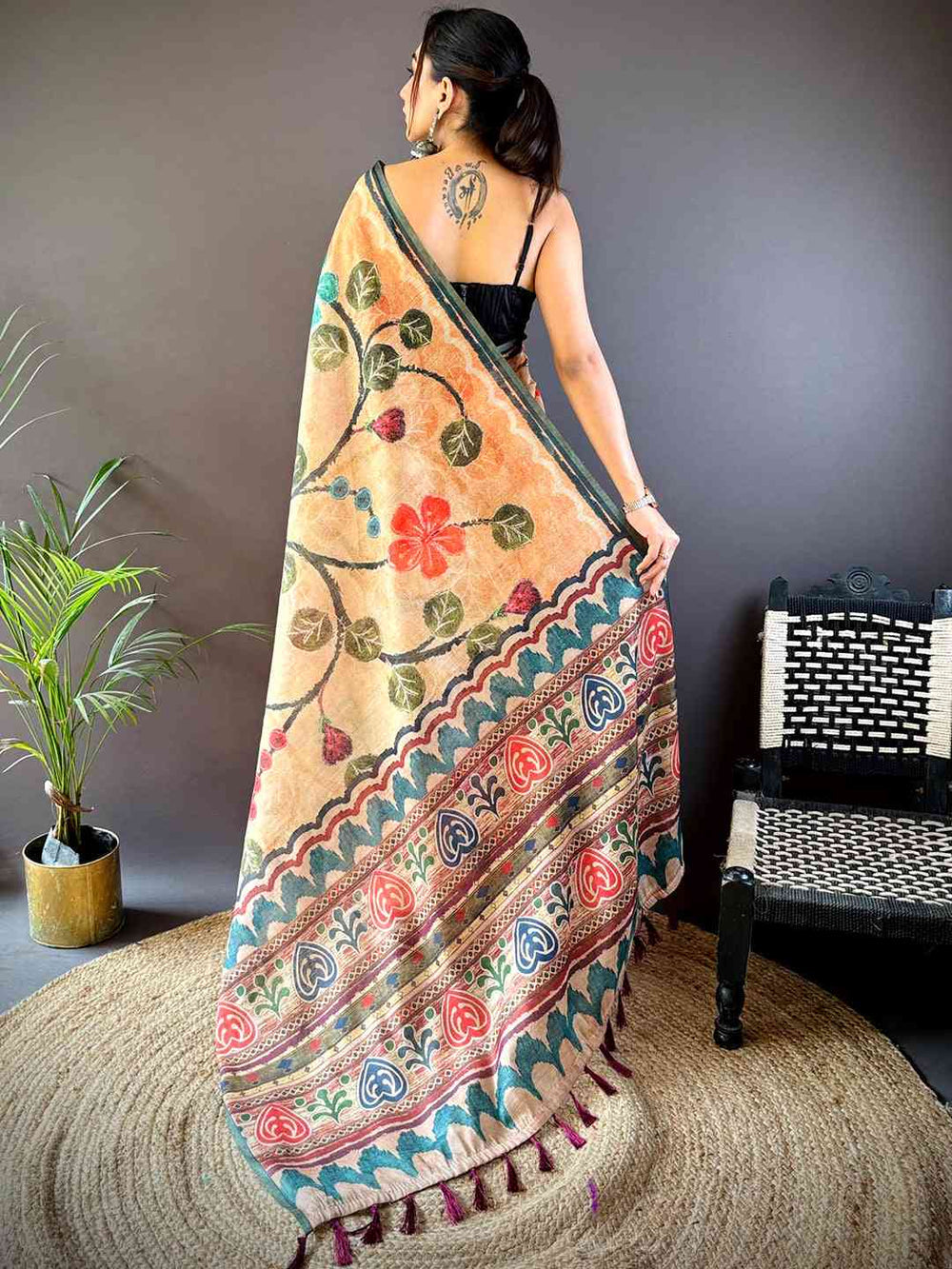 Grey & Pink Linen Silk Saree with Ethnic Temple Print Pallu & Tassels