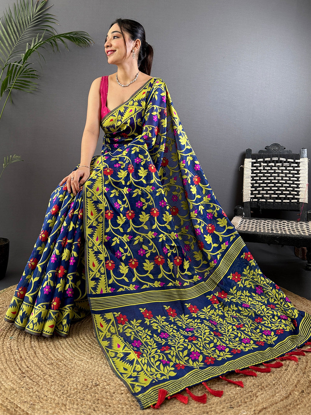 Navy Blue Soft Silk Saree with Multicolor Floral Print & Yellow Zari Border