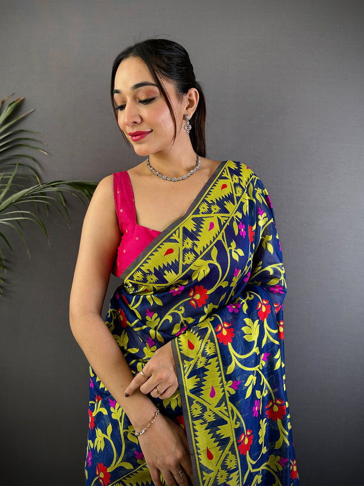 Navy Blue Soft Silk Saree with Multicolor Floral Print & Yellow Zari Border
