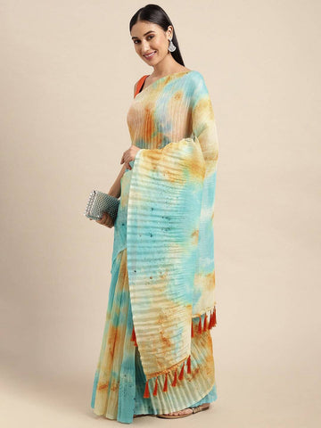 Sky Blue & Sand Beige Pleated Print Saree with Tassel Pallu