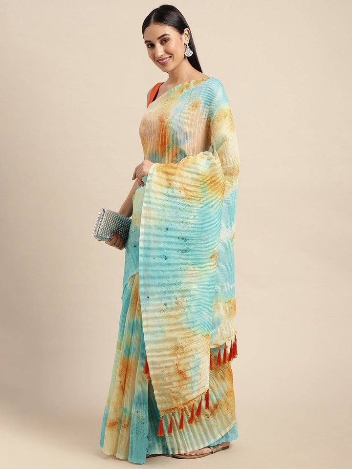 Sky Blue & Sand Beige Pleated Print Saree with Tassel Pallu