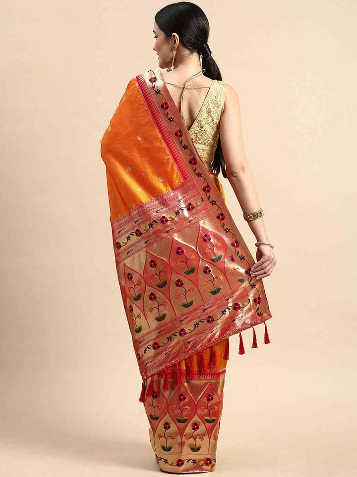 Orange Banarasi Silk Saree with Multicolor Floral Zari Weaving & Rich Pallu