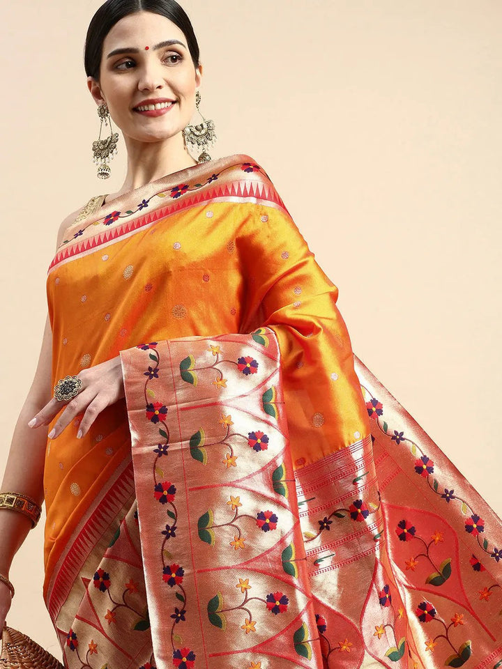 Orange Banarasi Silk Saree with Multicolor Floral Zari Weaving & Rich Pallu