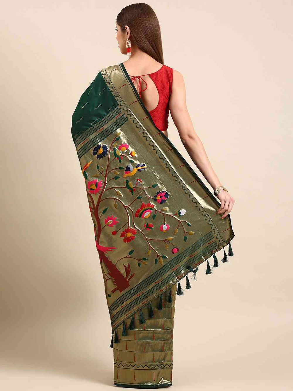 Dark Green Kanjivaram Silk Saree with Multicolor Meenakari Weaving & Gold Zari Border