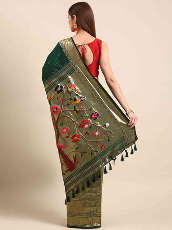 Dark Green Kanjivaram Silk Saree with Multicolor Meenakari Weaving & Gold Zari Border