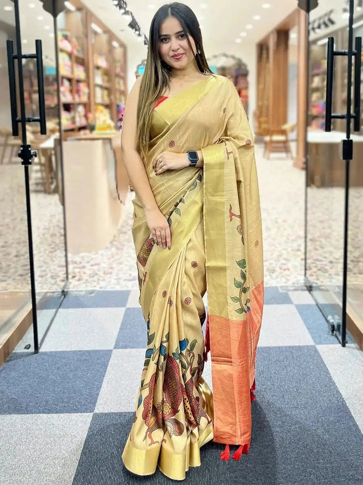 Golden Soft Silk Saree with Kalamkari Peacock Print & Contrast Orange Pallu