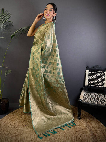 Gold Banarasi Silk Saree with Geometric Zari Weaving & Green Border