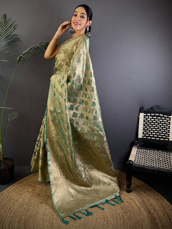 Gold Banarasi Silk Saree with Geometric Zari Weaving & Green Border