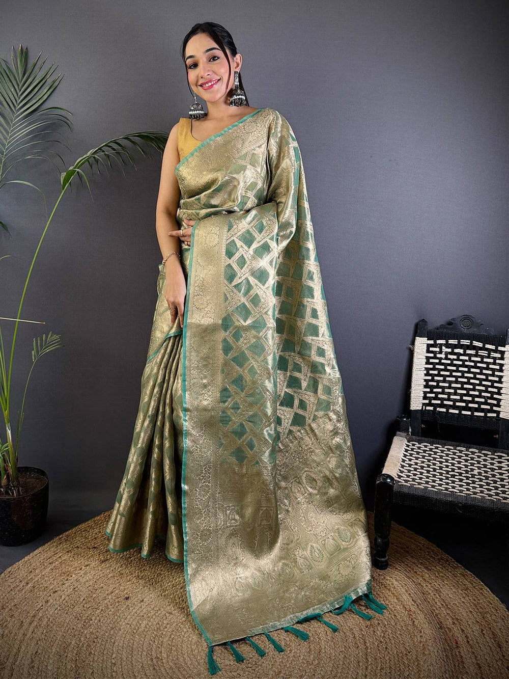 Gold Banarasi Silk Saree with Geometric Zari Weaving & Green Border