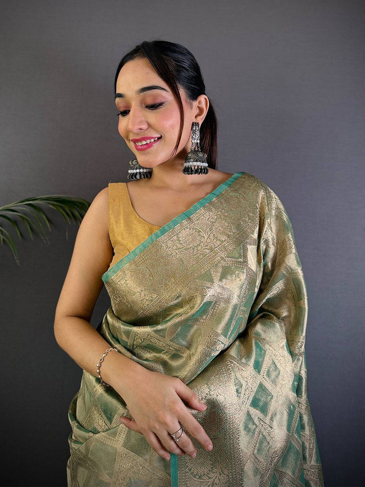 Gold Banarasi Silk Saree with Geometric Zari Weaving & Green Border