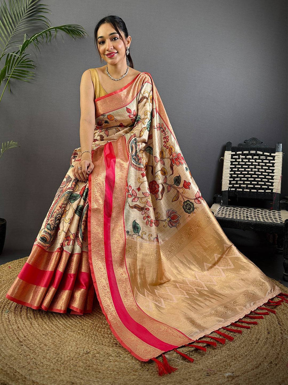 Beige & Pink Banarasi Silk Saree with Floral Print and Zari Weaving Border