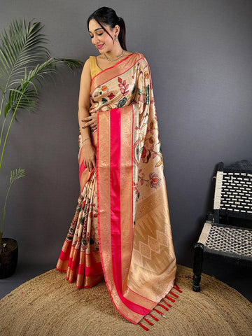 Beige & Pink Banarasi Silk Saree with Floral Print and Zari Weaving Border