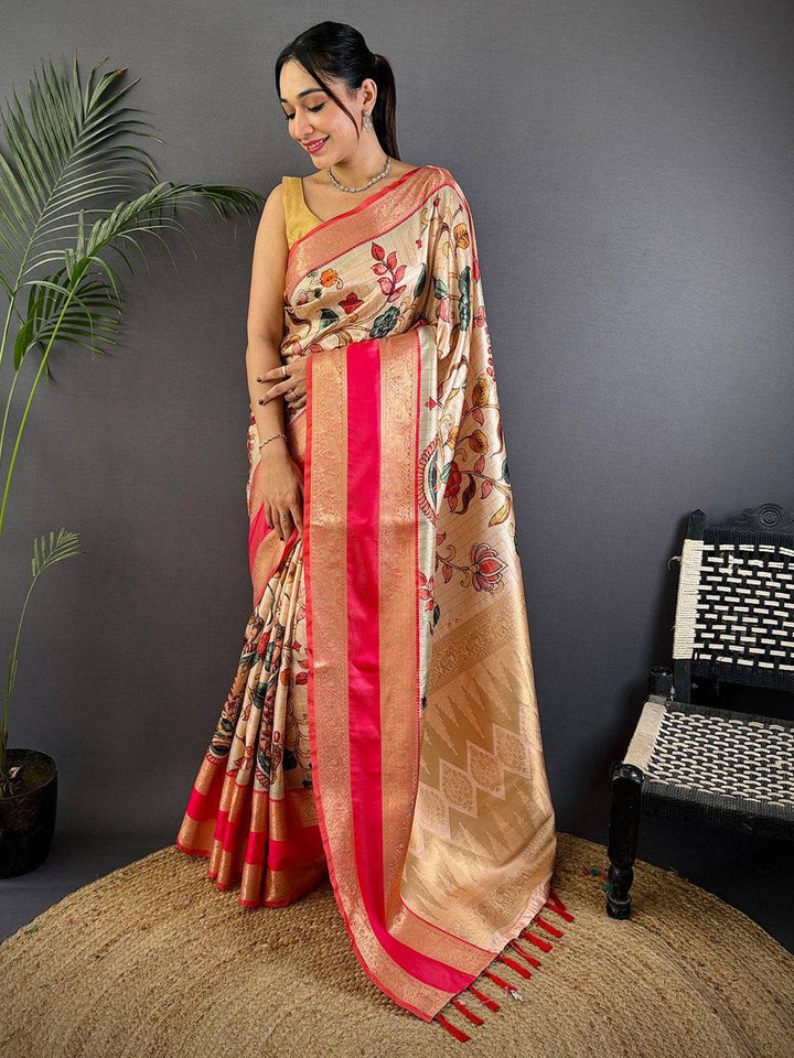 Beige & Pink Banarasi Silk Saree with Floral Print and Zari Weaving Border