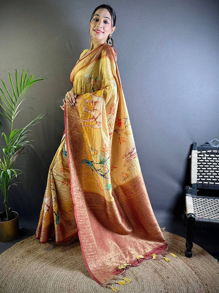 Golden Yellow Soft Silk Saree with Artistic Elephant Print & Peach Zari Border