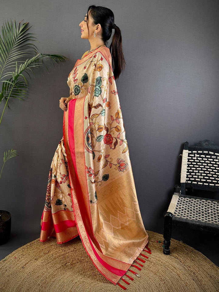 Beige & Pink Banarasi Silk Saree with Floral Print and Zari Weaving Border