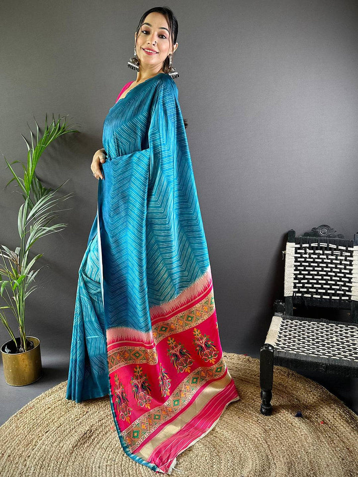 Teal Blue Soft Silk Saree with Pink Contrast Border & Floral Weaving