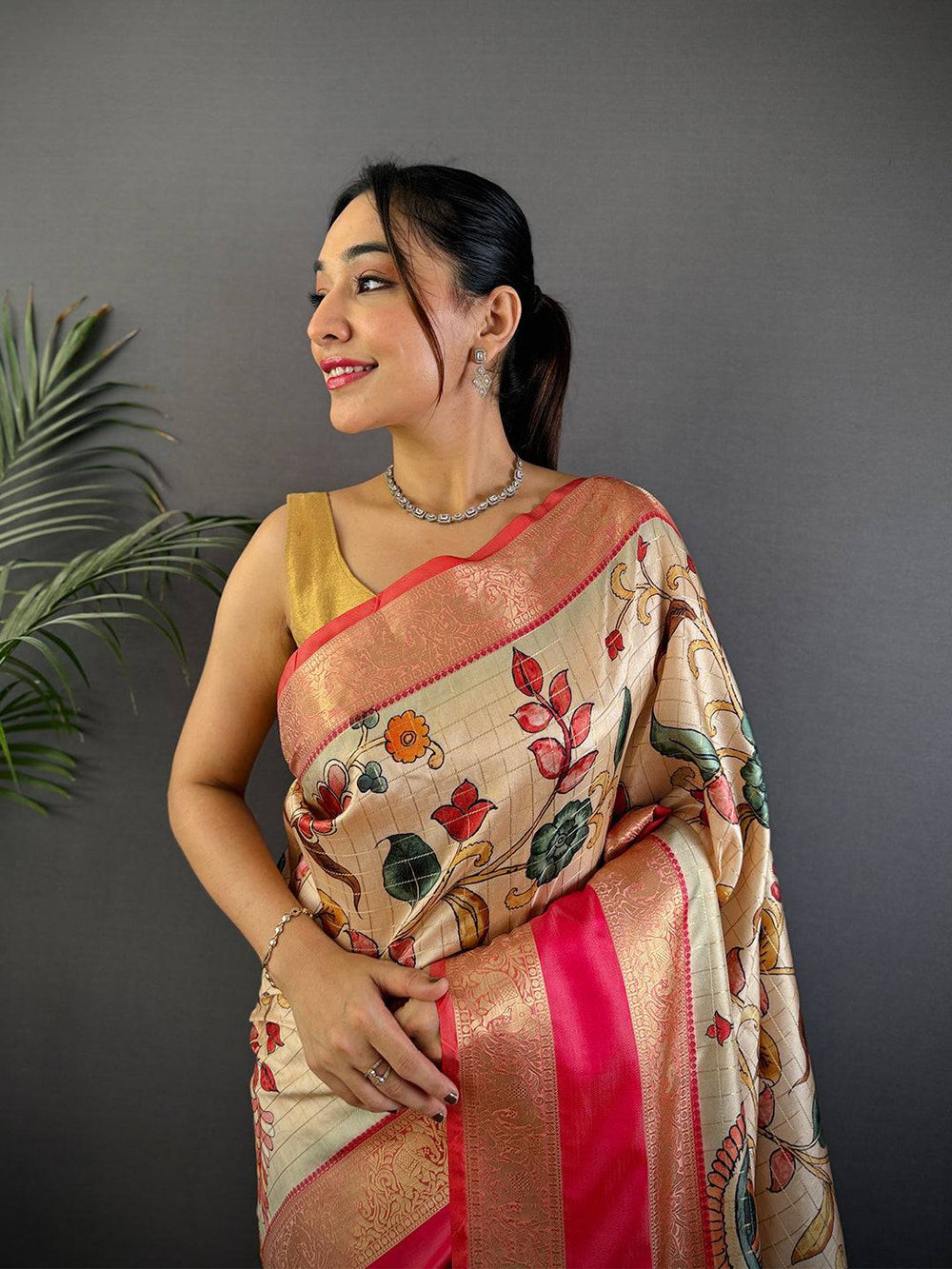 Beige & Pink Banarasi Silk Saree with Floral Print and Zari Weaving Border