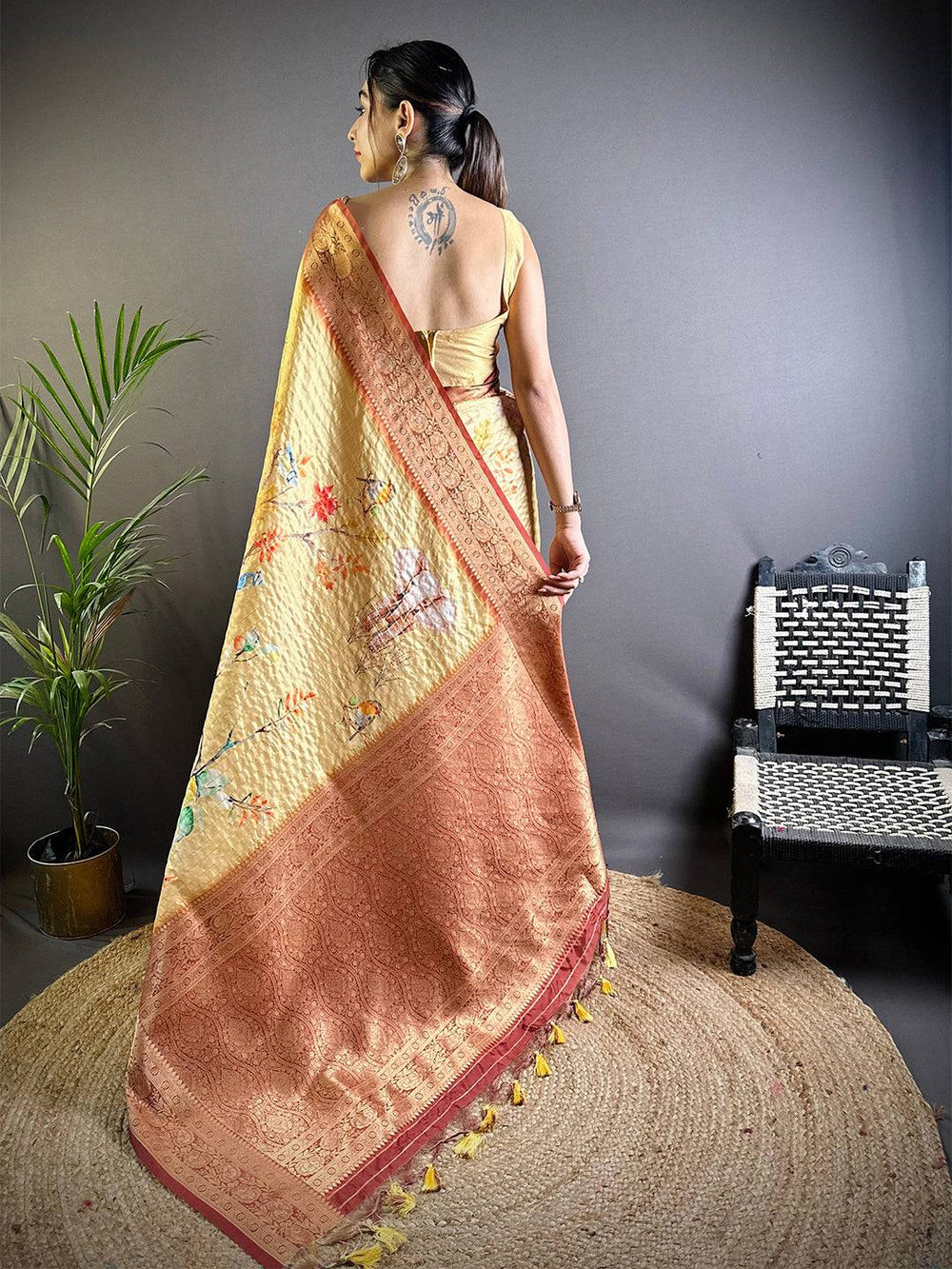 Golden Yellow Soft Silk Saree with Artistic Elephant Print & Peach Zari Border