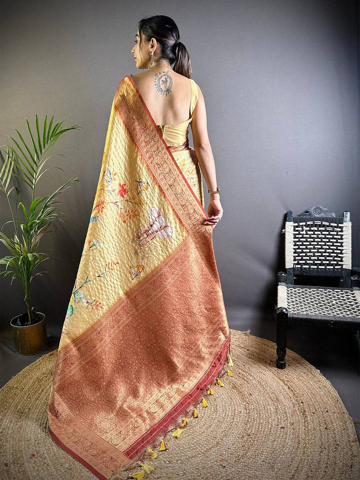 Golden Yellow Soft Silk Saree with Artistic Elephant Print & Peach Zari Border