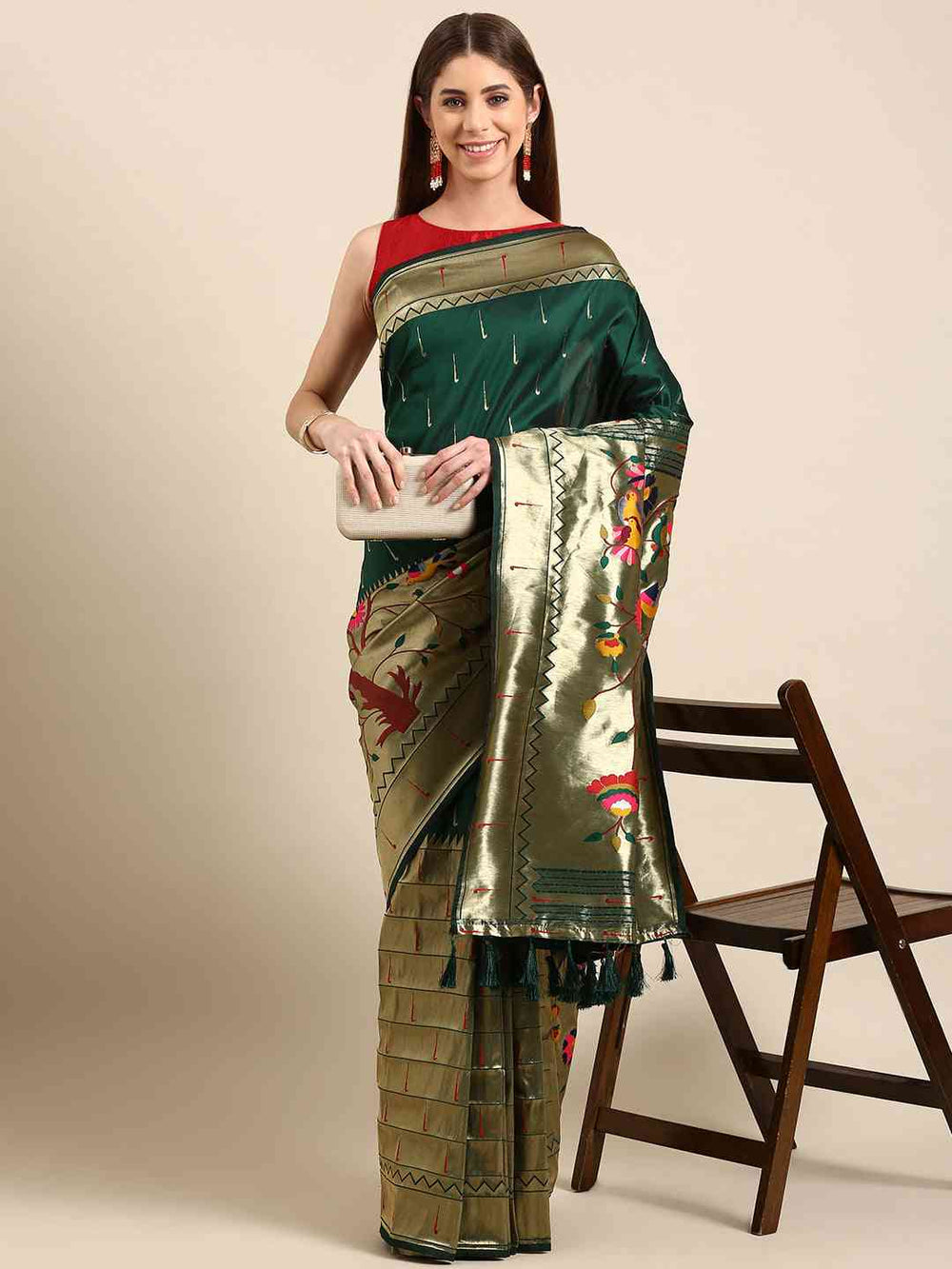 Dark Green Kanjivaram Silk Saree with Multicolor Meenakari Weaving & Gold Zari Border