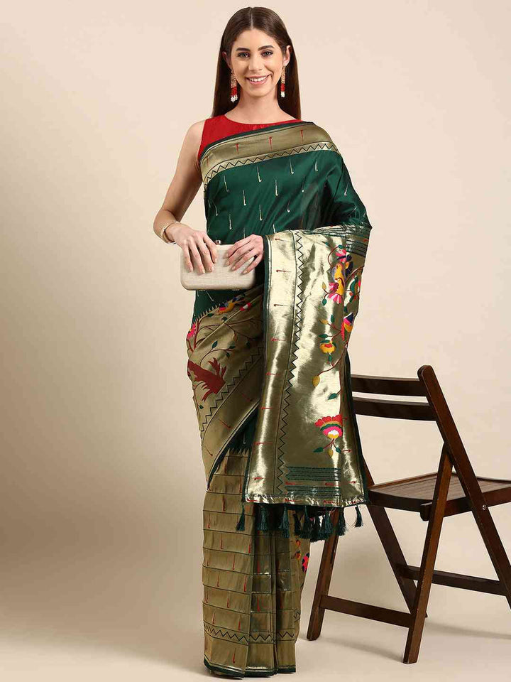 Dark Green Kanjivaram Silk Saree with Multicolor Meenakari Weaving & Gold Zari Border