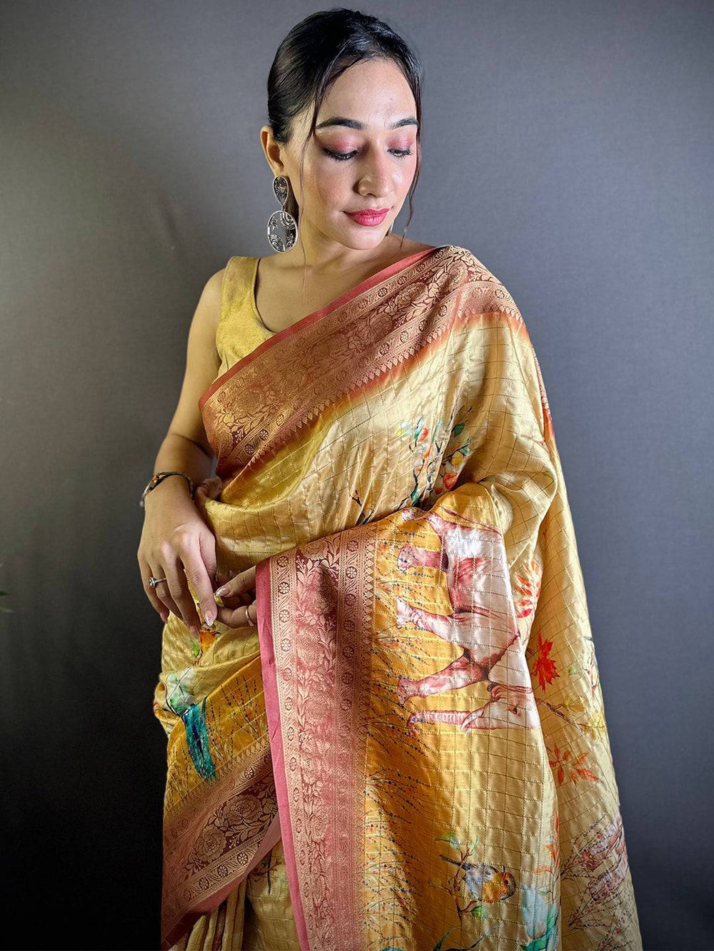 Golden Yellow Soft Silk Saree with Artistic Elephant Print & Peach Zari Border