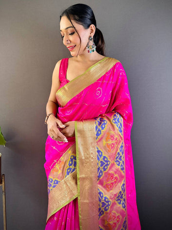 Rani Pink Ikat Soft Silk Saree with Gold Zari Border & Multicolor Pallu