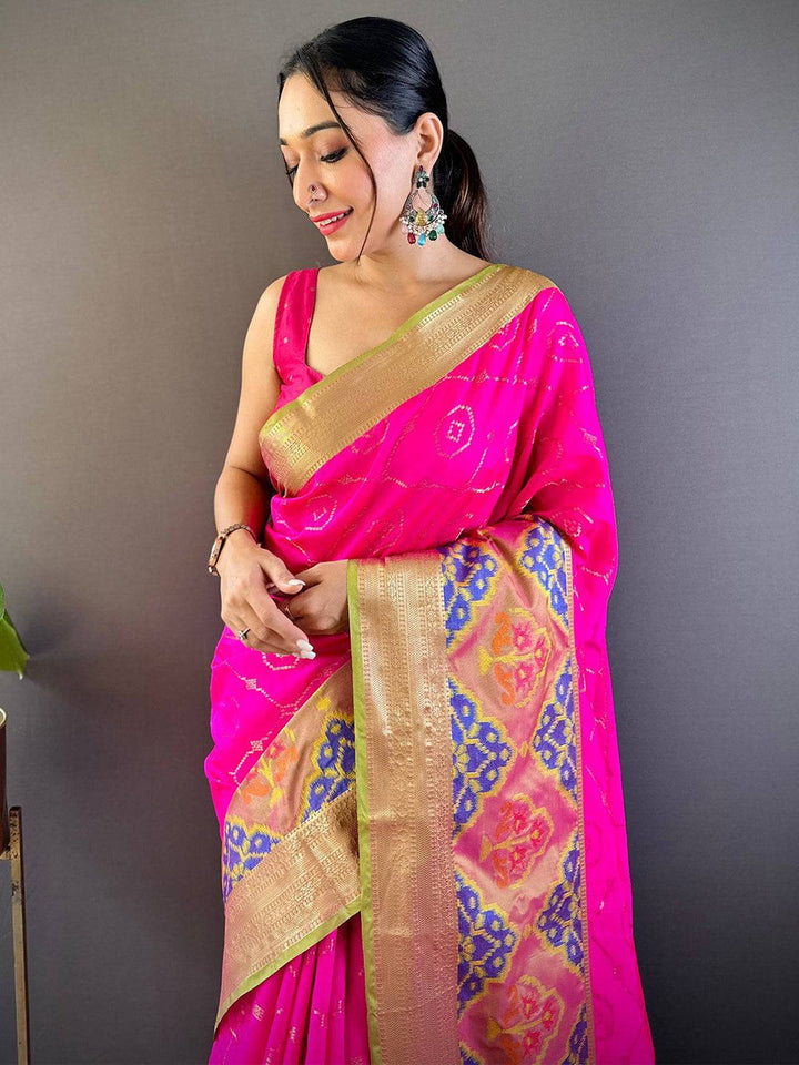 Rani Pink Ikat Soft Silk Saree with Gold Zari Border & Multicolor Pallu