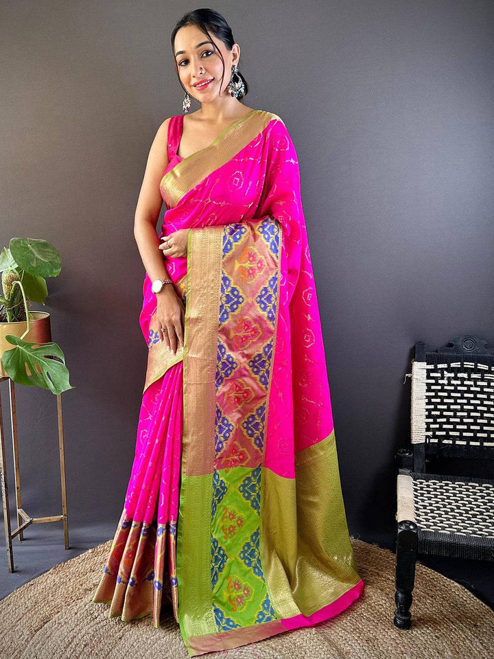 Rani Pink Ikat Soft Silk Saree with Gold Zari Border & Multicolor Pallu