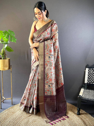Grey Kalamkari Soft Silk Saree with Maroon Zari Border & Traditional Artwork