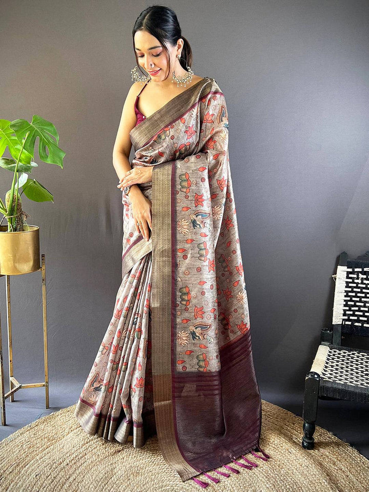 Grey Kalamkari Soft Silk Saree with Maroon Zari Border & Traditional Artwork