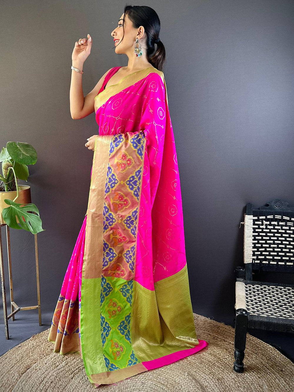 Rani Pink Ikat Soft Silk Saree with Gold Zari Border & Multicolor Pallu