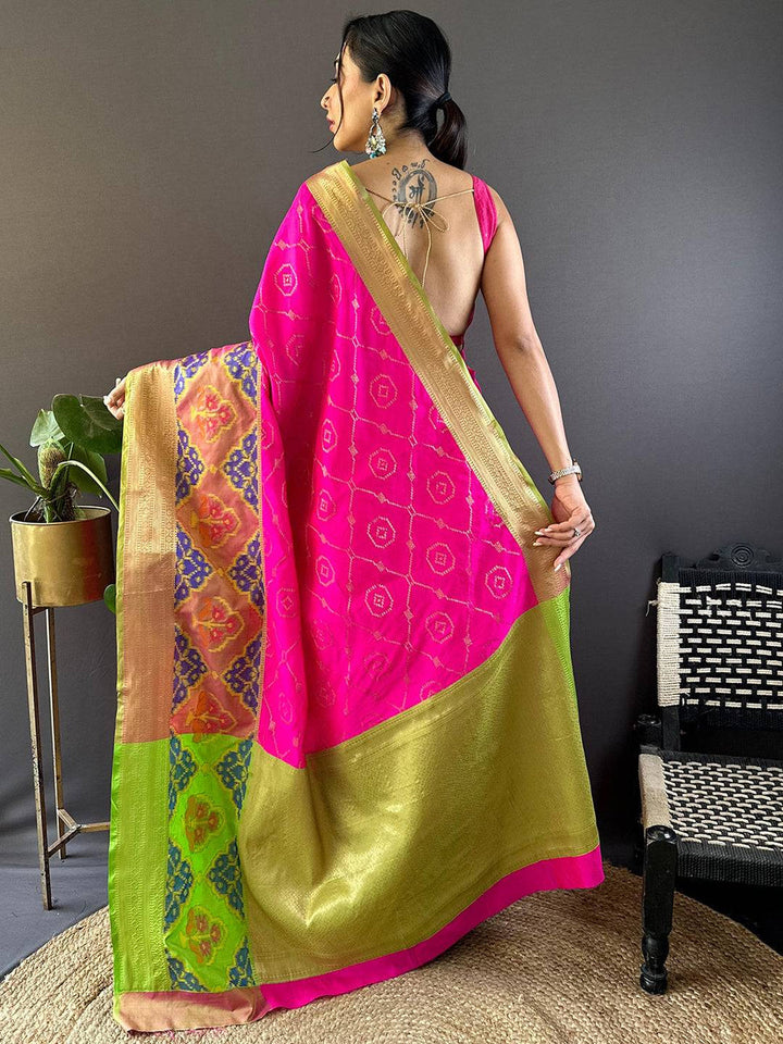 Rani Pink Ikat Soft Silk Saree with Gold Zari Border & Multicolor Pallu
