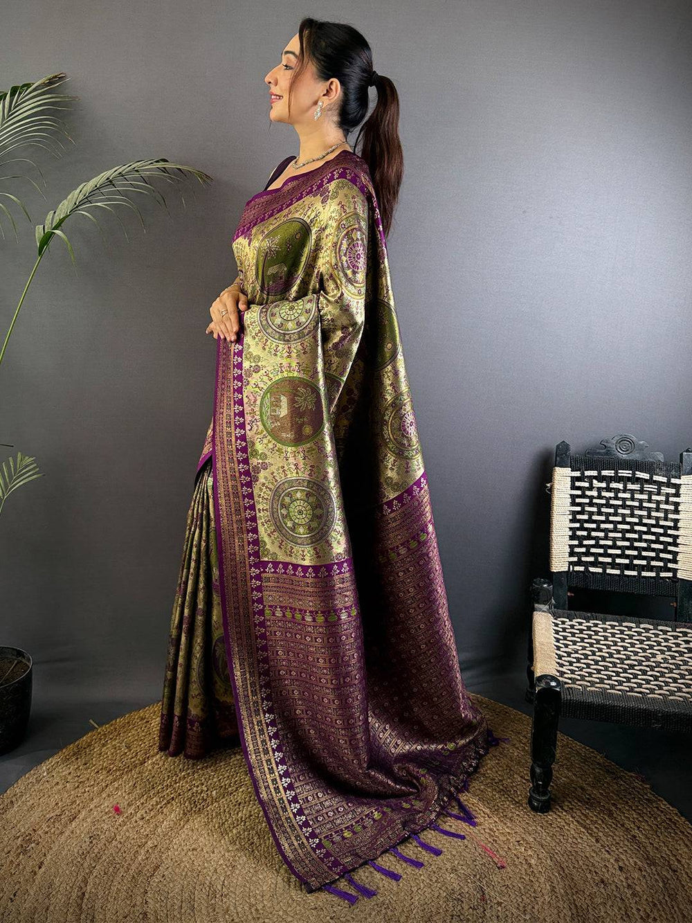 Olive Green & Purple Banarasi Silk Saree with Rich Zari Weaving & Tassels