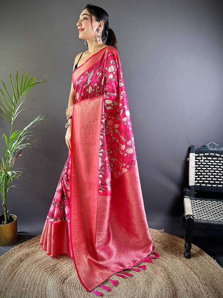 Rani Pink Soft Silk Saree with Artistic Floral Print & Rich Zari Border