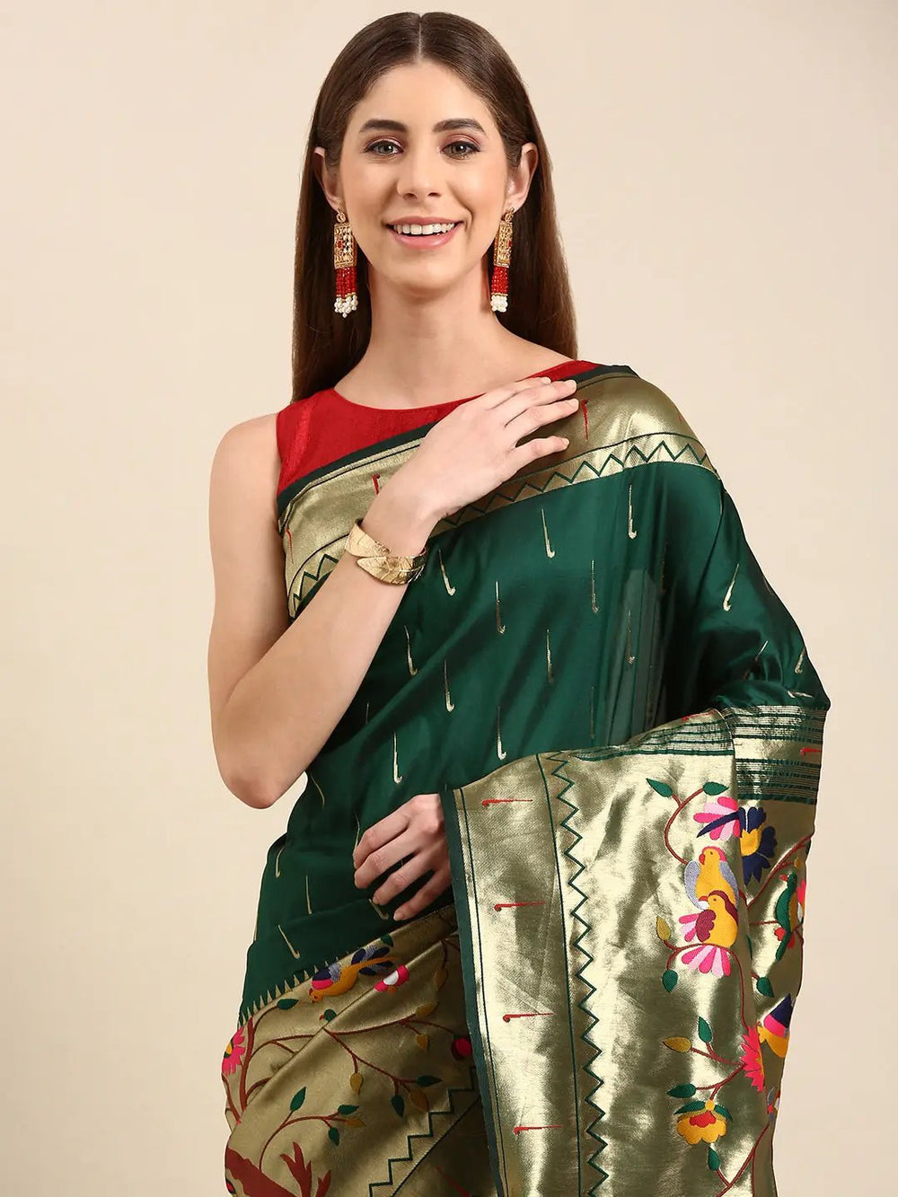 Dark Green Kanjivaram Silk Saree with Multicolor Meenakari Weaving & Gold Zari Border