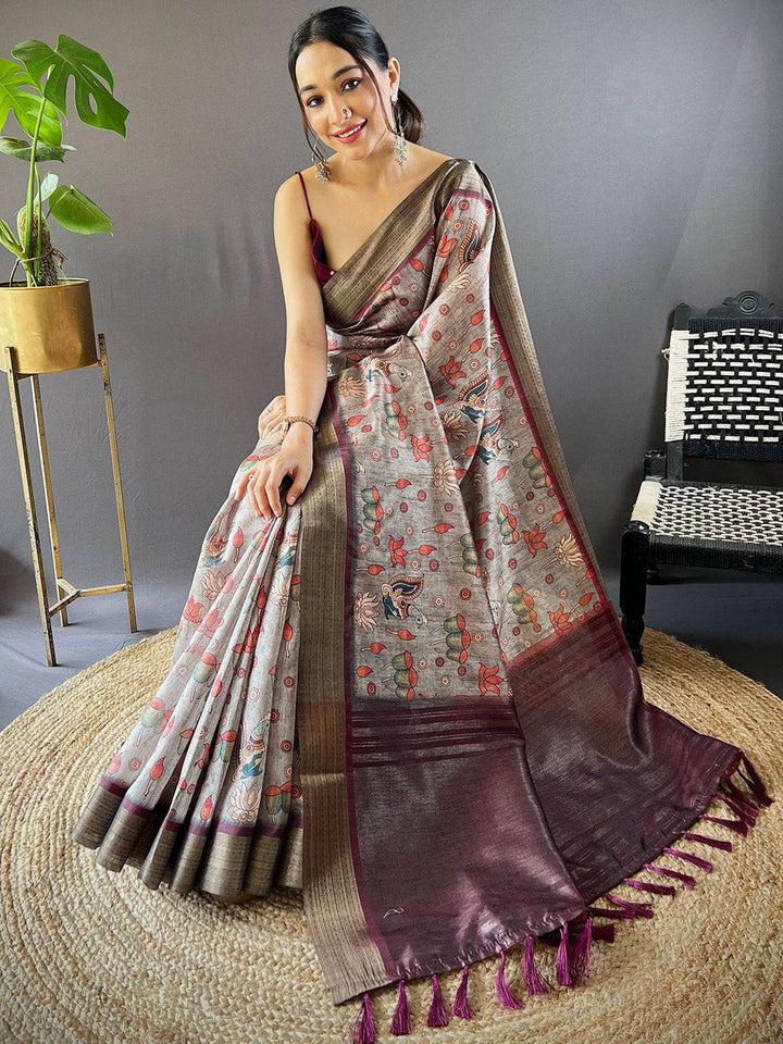 Grey Kalamkari Soft Silk Saree with Maroon Zari Border & Traditional Artwork