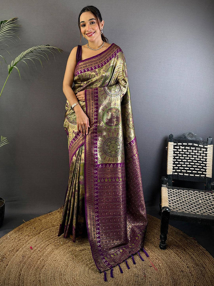 Olive Green & Purple Banarasi Silk Saree with Rich Zari Weaving & Tassels