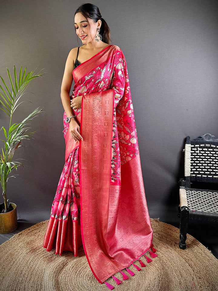 Rani Pink Soft Silk Saree with Artistic Floral Print & Rich Zari Border