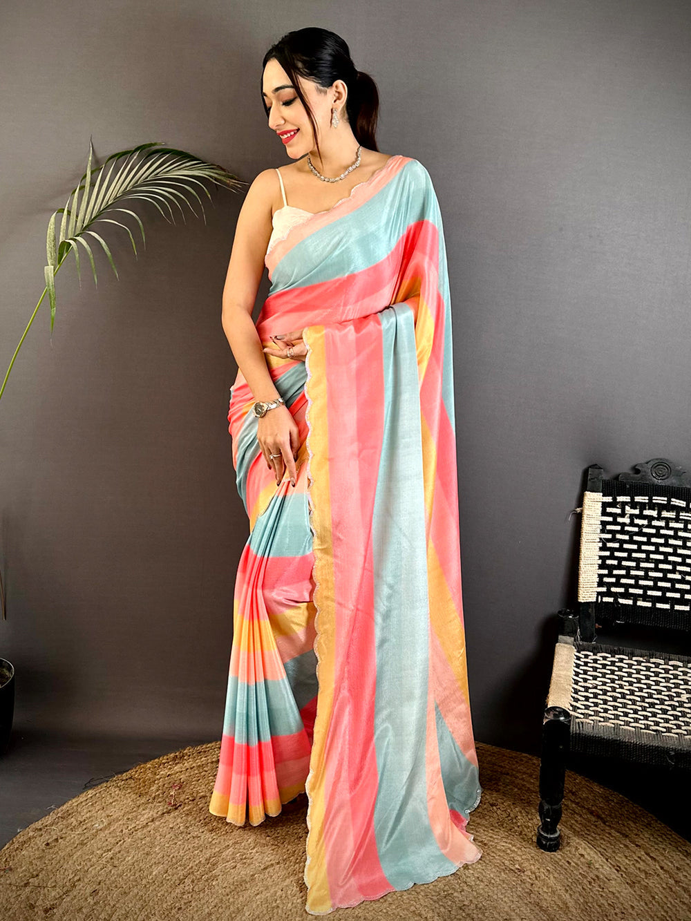 Pastel Multicolor Striped Organza Silk Saree with Scallop Border