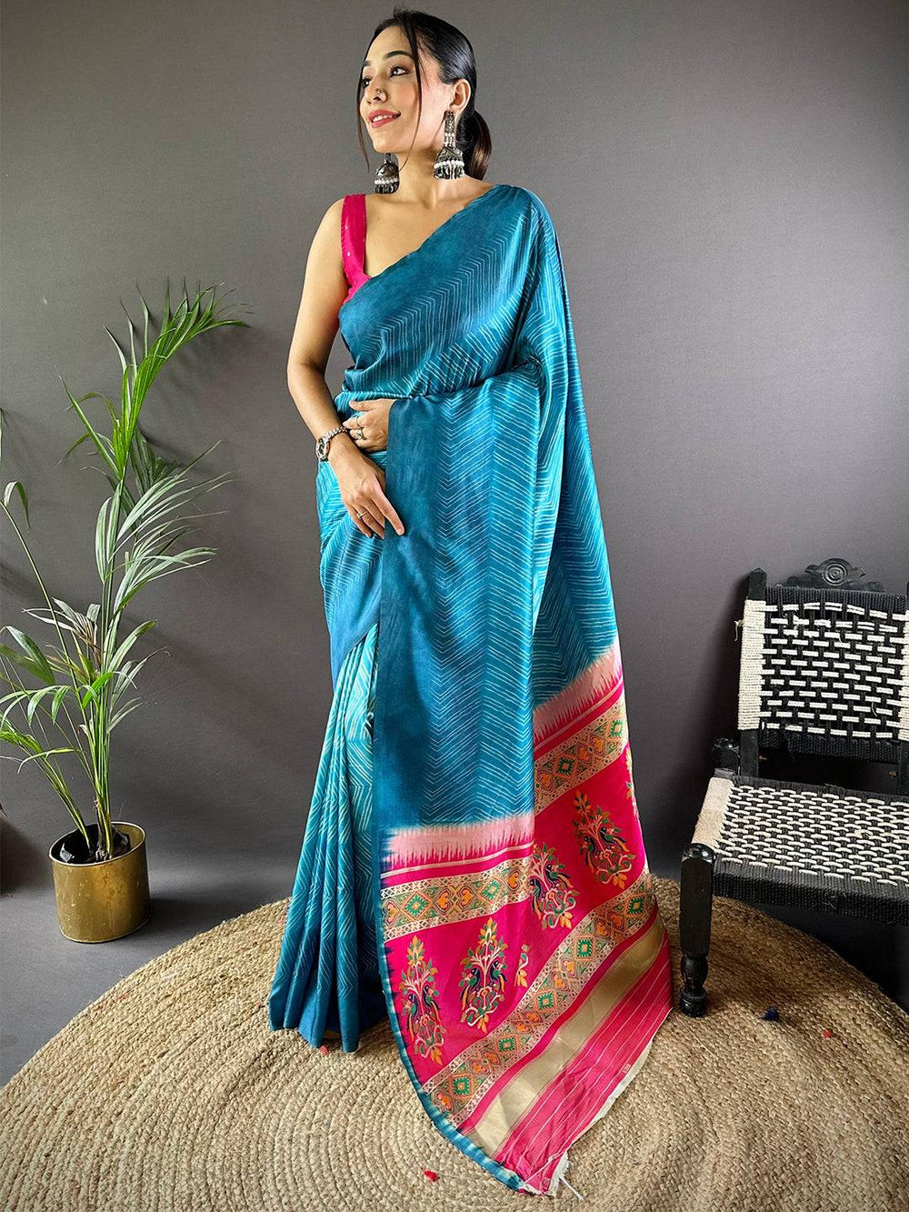 Teal Blue Soft Silk Saree with Pink Contrast Border & Floral Weaving