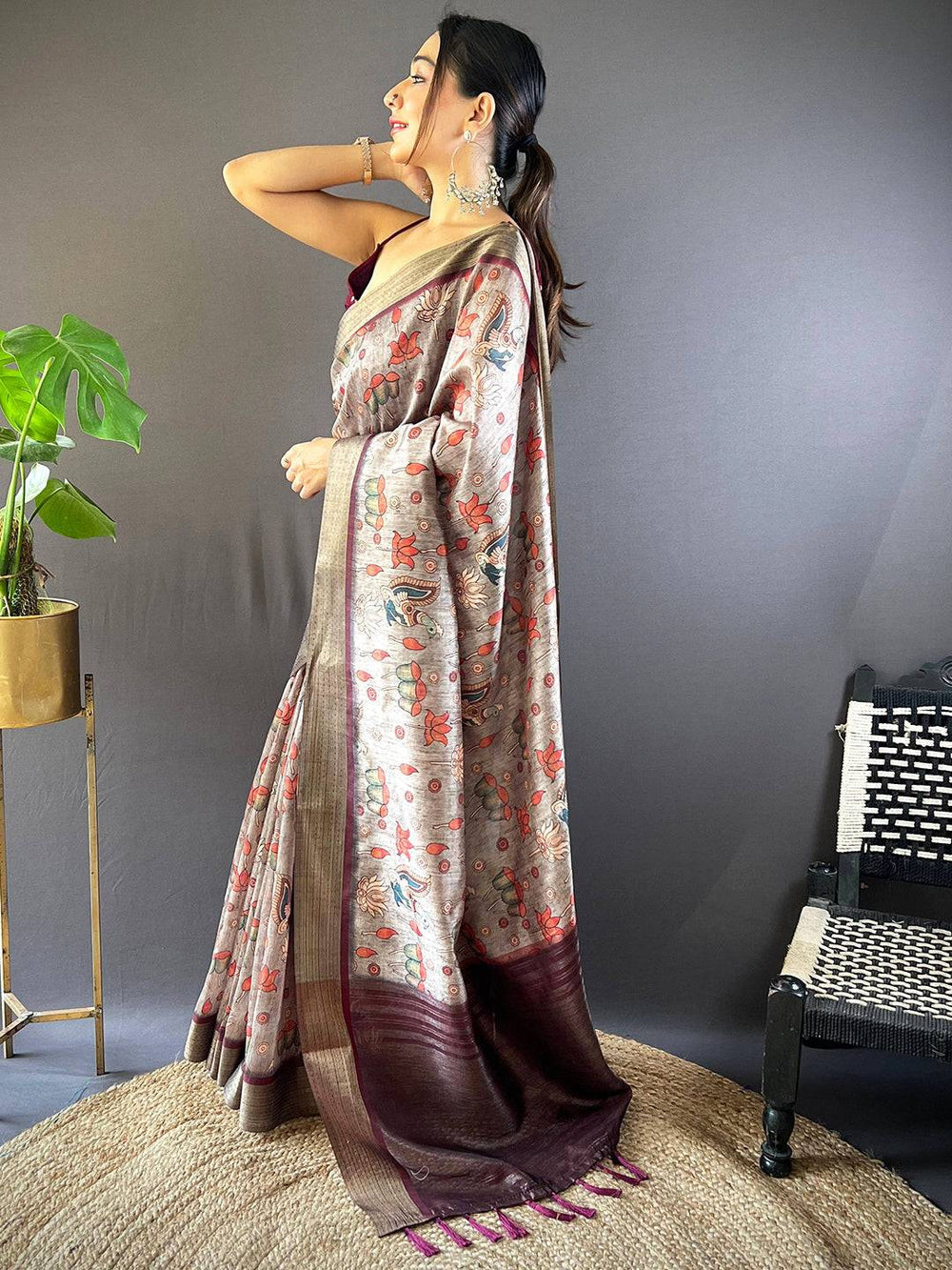 Grey Kalamkari Soft Silk Saree with Maroon Zari Border & Traditional Artwork